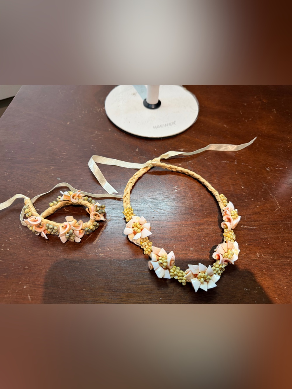 Vintage Polynesian Shell Lei Po'o Crown Haku & Matching Wristlet Set Hat Band